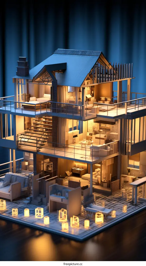 Modern House 3D Rendering with Blue Roof