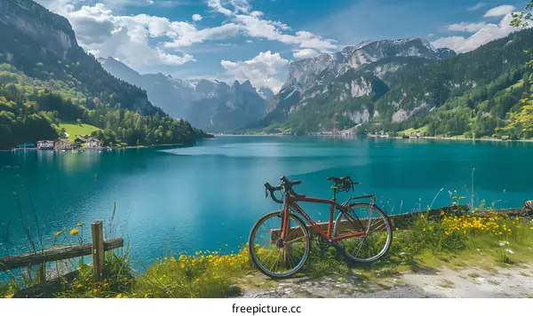 Mountain Lake Scenery with Red Bicycle