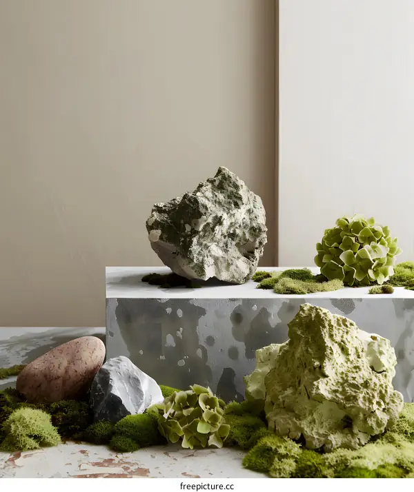 Green Moss and Rocks on Concrete Platform