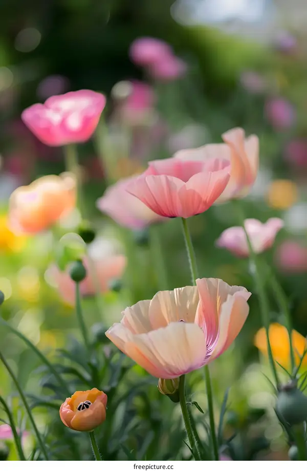 Soft Pink Poppy Flowers In A Garden