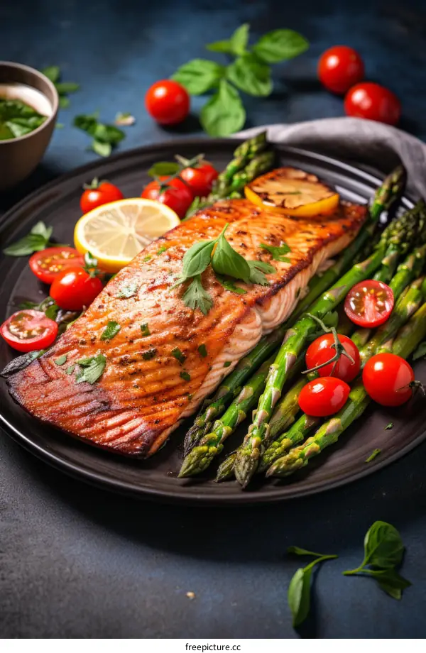 Grilled Salmon with Asparagus & Tomatoes