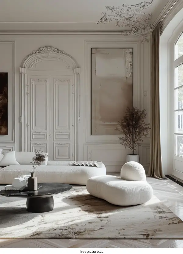 Modern Minimalist Living Room with Stucco Wall and Cozy Sofa