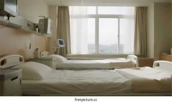 Modern hospital room with two beds and large window view