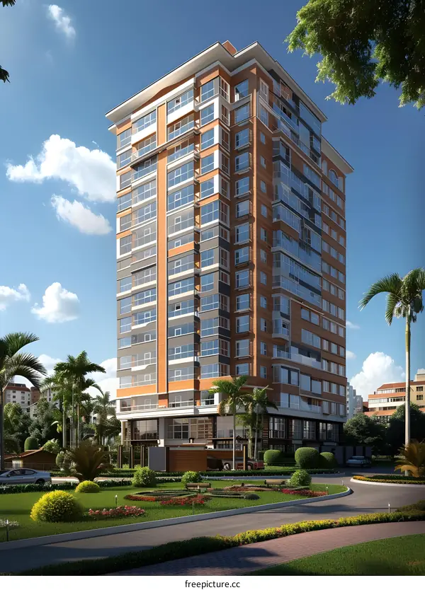 Modern Apartment Building with Lush Landscaping