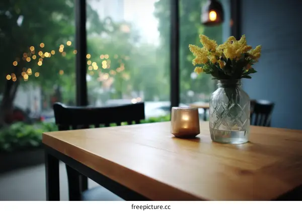 Cozy Cafe Table with Flowers and Candle Light