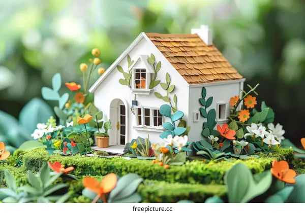 A small white house with a garden full of flowers and plants