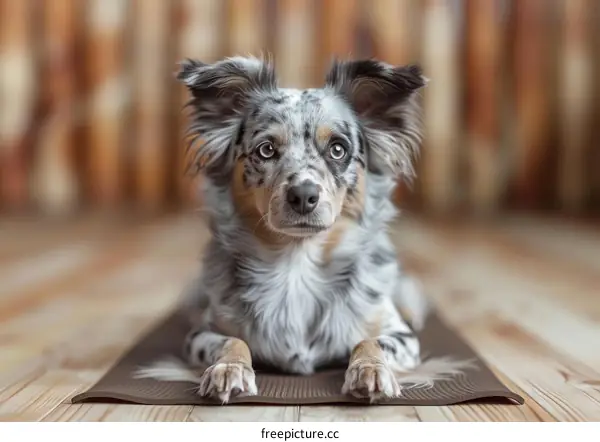 A cute Australian shepherd dog lying on a yoga mat