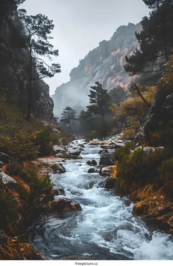 Mountain River Flowing Through A Narrow Canyon