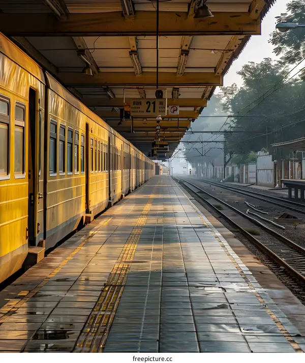 Railway station platform with a yellow train