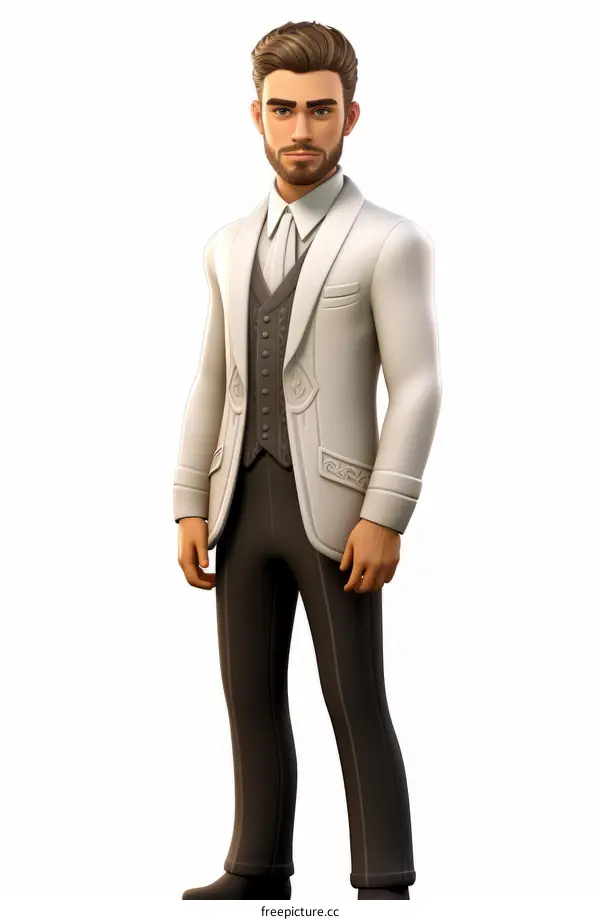 3D visualization of a Caucasian man in a white suit and brown hair