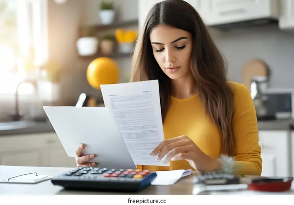 Woman reviewing documents in kitchen