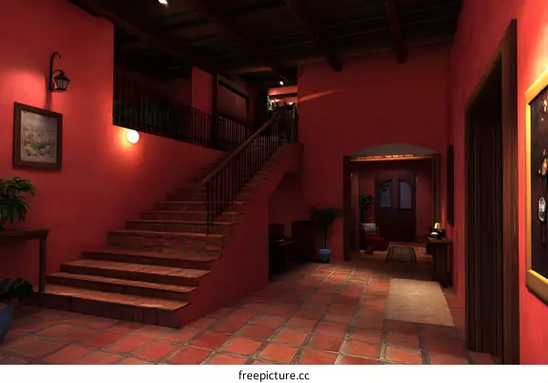 Red Brick Staircase and Entrance Hall in a Spanish Colonial Style Home