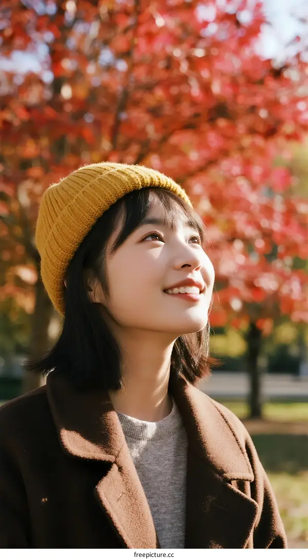 A Young Woman Wearing Yellow Beanie and Brown Coat Standing in Autumn Park