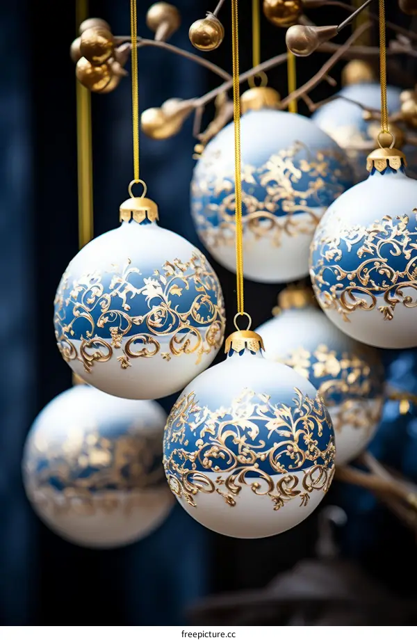 Blue, White & Gold Christmas Ornaments on a Tree Branch