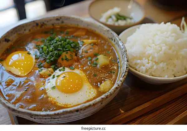 Japanese Curry Rice with Fried Egg and Green Onions