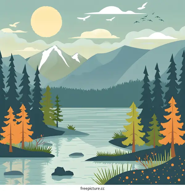 Mountain Lake Landscape With Trees And Birds