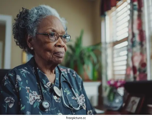 Portrait of a senior African American female doctor or nurse wearing a stethoscope