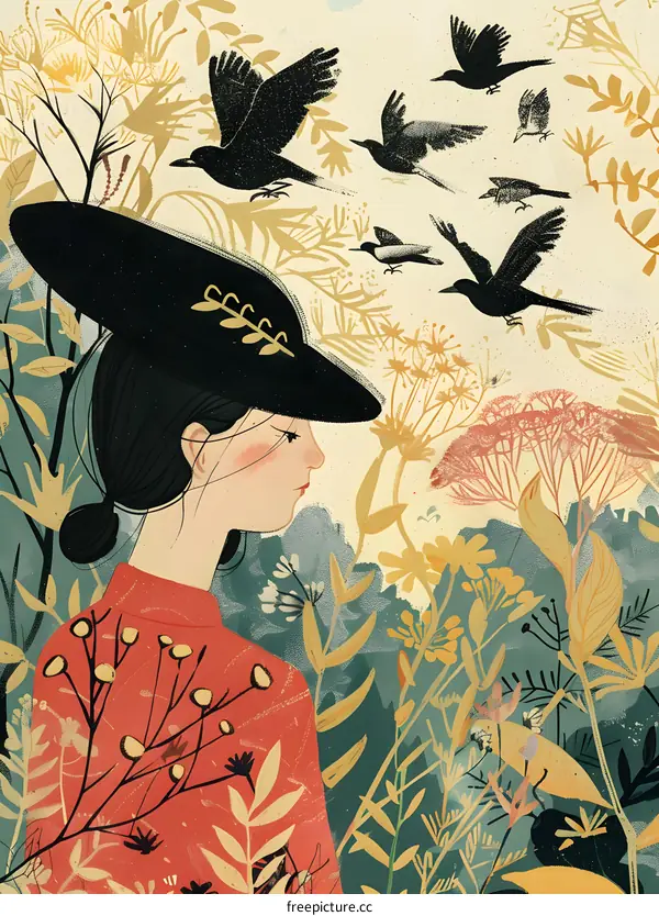 Woman in Red Dress with Black Hat and Birds in the Background