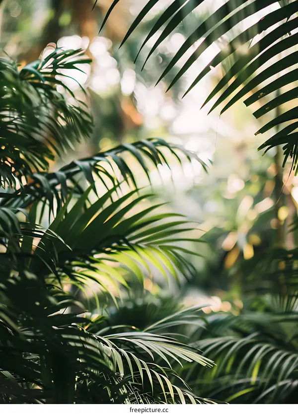 Green Palm Leaves Sunlight Bokeh Background