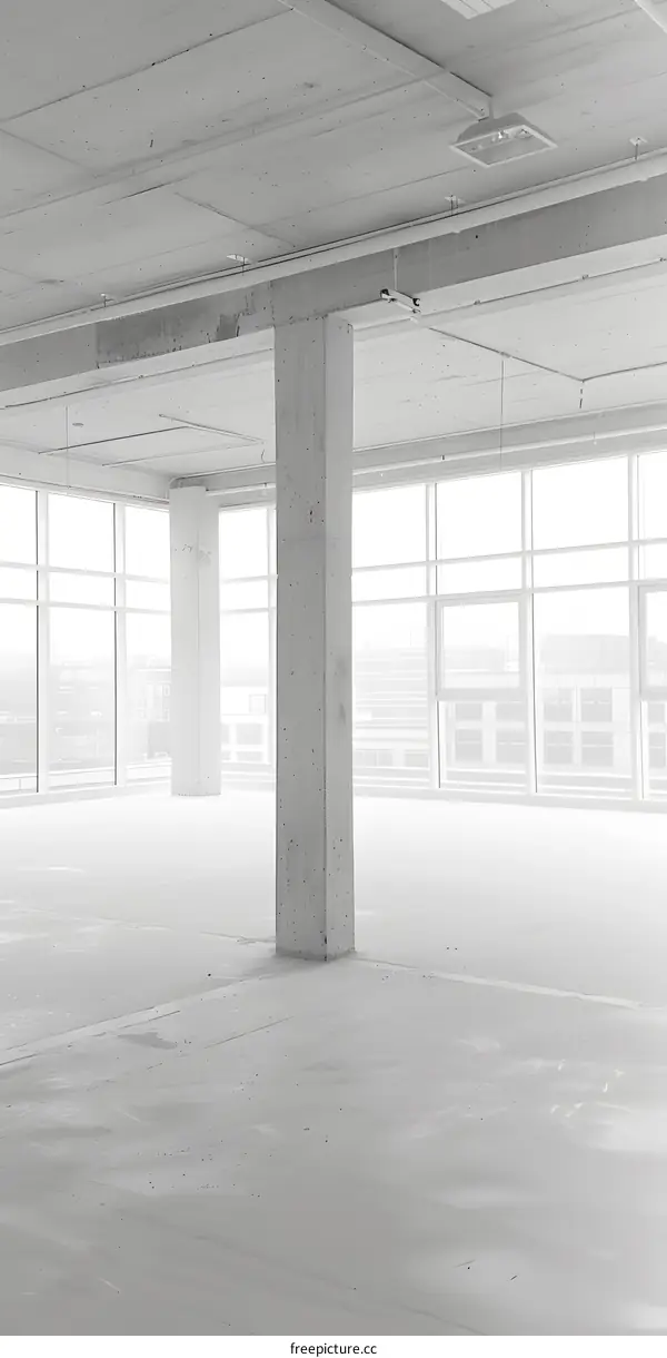 Concrete Column and Large Windows in Modern Building Interior