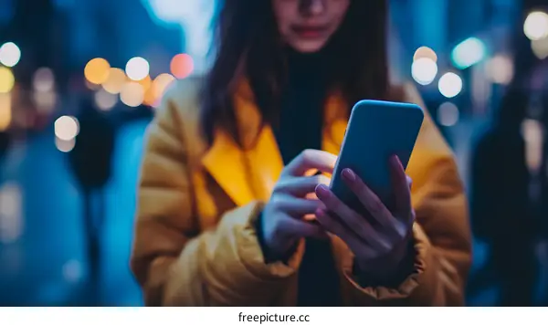 Woman Using Smartphone in the City at Night