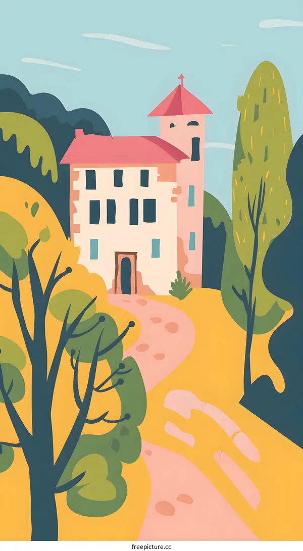 Cartoon Illustration Of A Colorful Pink House And A Winding Path