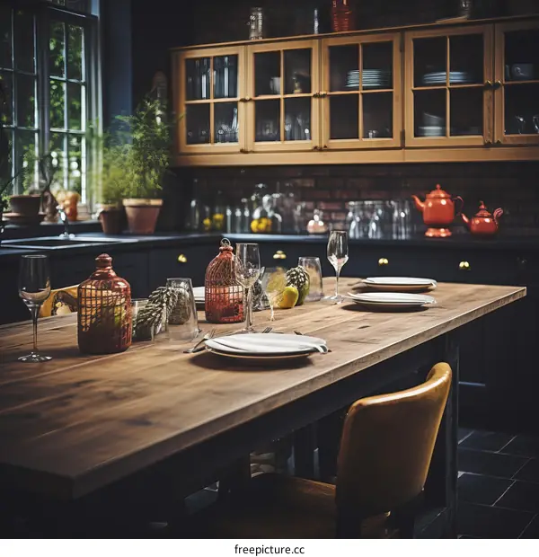 Rustic wooden table set for dinner with wine glasses and plates