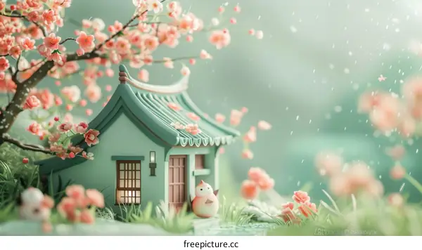 A cute cartoon house under a cherry blossom tree with pink petals falling