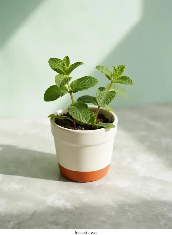Small potted mint plant with fresh green leaves on light background