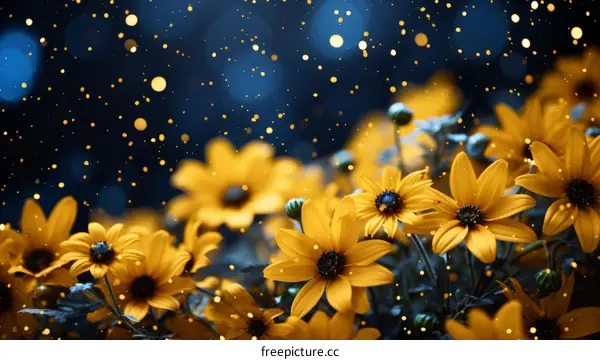 Close-Up View of Yellow Black-Eyed Susans on Dark Blue Background
