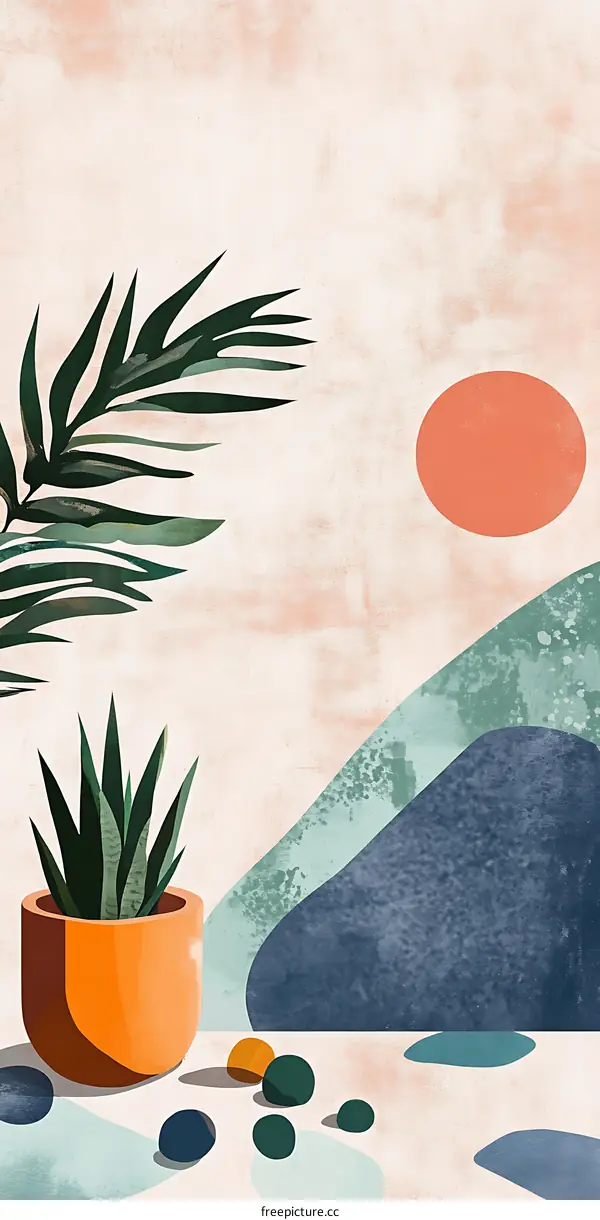 Abstract Minimalist Illustration with Green Plants and a Sunset