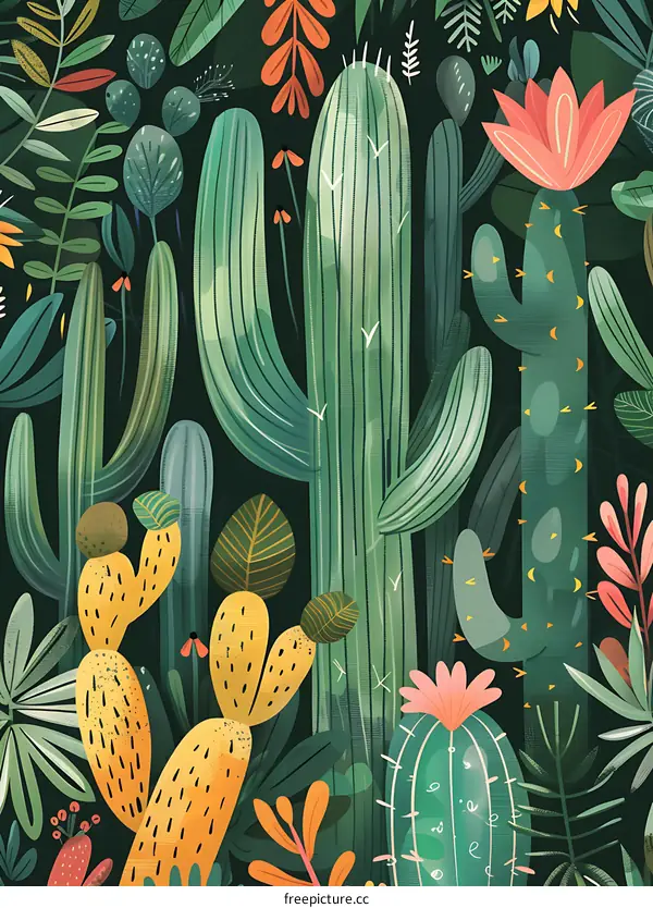 Colorful Cactus Garden Illustration