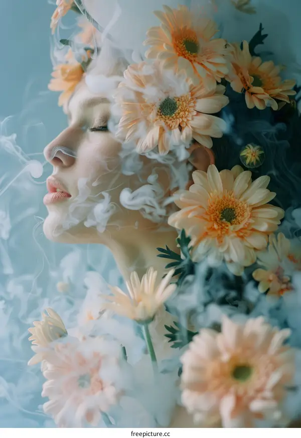 Young Woman with Smoke and Floral Headpiece