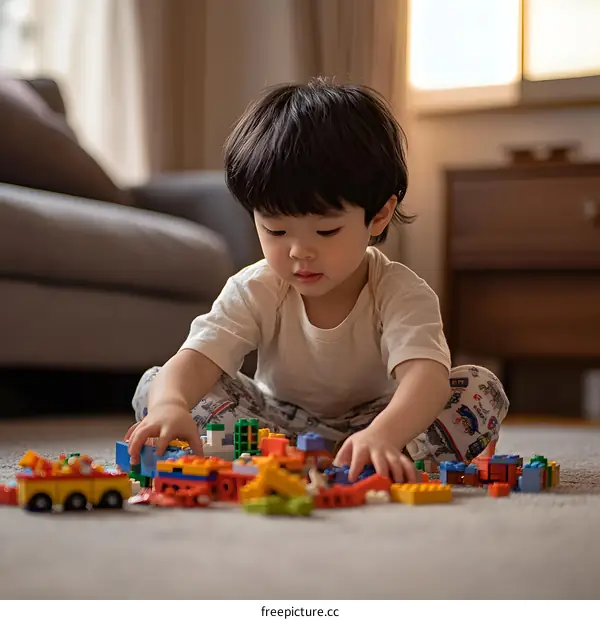 Asian Toddler Boy Playing With Colorful Building Blocks