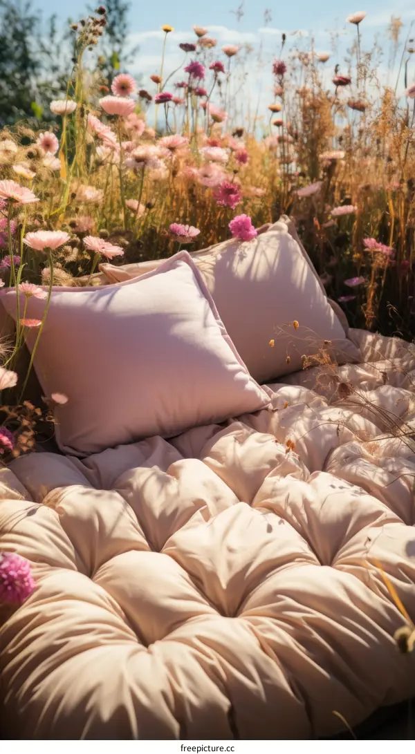 Pillows and mattress placed in a flower field for a photoshoot