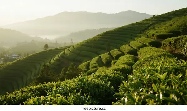 Morning mist over lush green tea terraces in mountain area