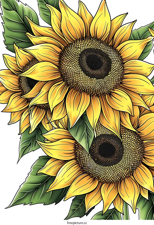 Three Yellow Sunflowers With Green Leaves Illustration