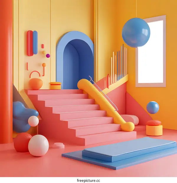 Colorful 3D Abstract Room Interior Design with Stairs and Geometric Shapes