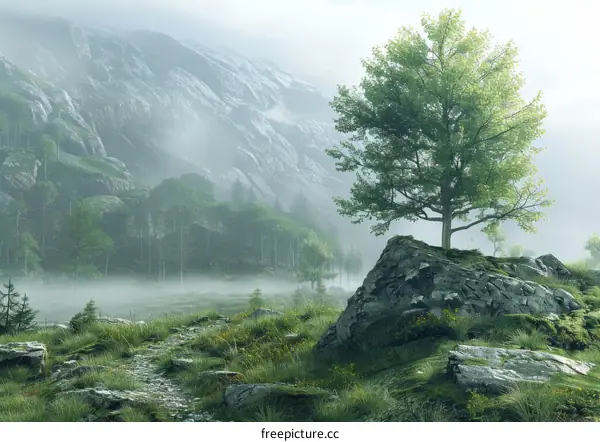 Lonely Tree in Misty Mountain Landscape