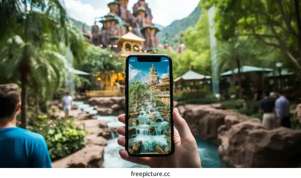 A person taking a photo of a waterfall in a tropical setting