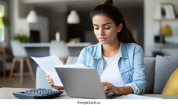 Young Woman Checking Documents on Laptop