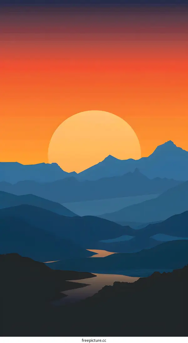 Silhouette of Mountains and River at Sunset