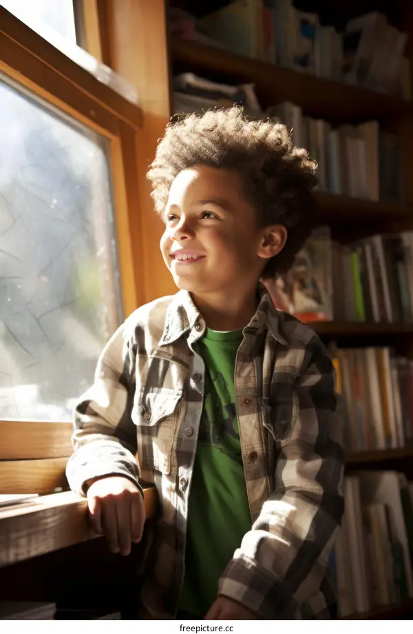 A young boy gazes out the window,憧憬地看着窗外