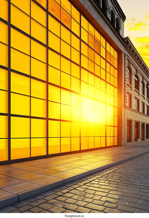 Sunset Shining Through Large Glass Windows On A Building