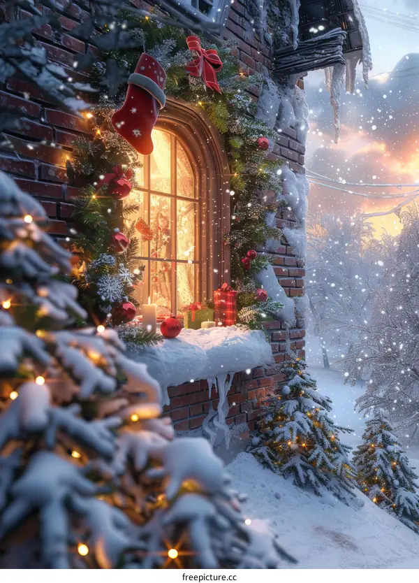 Snowy Cottage Decorated for Christmas in Winter Night
