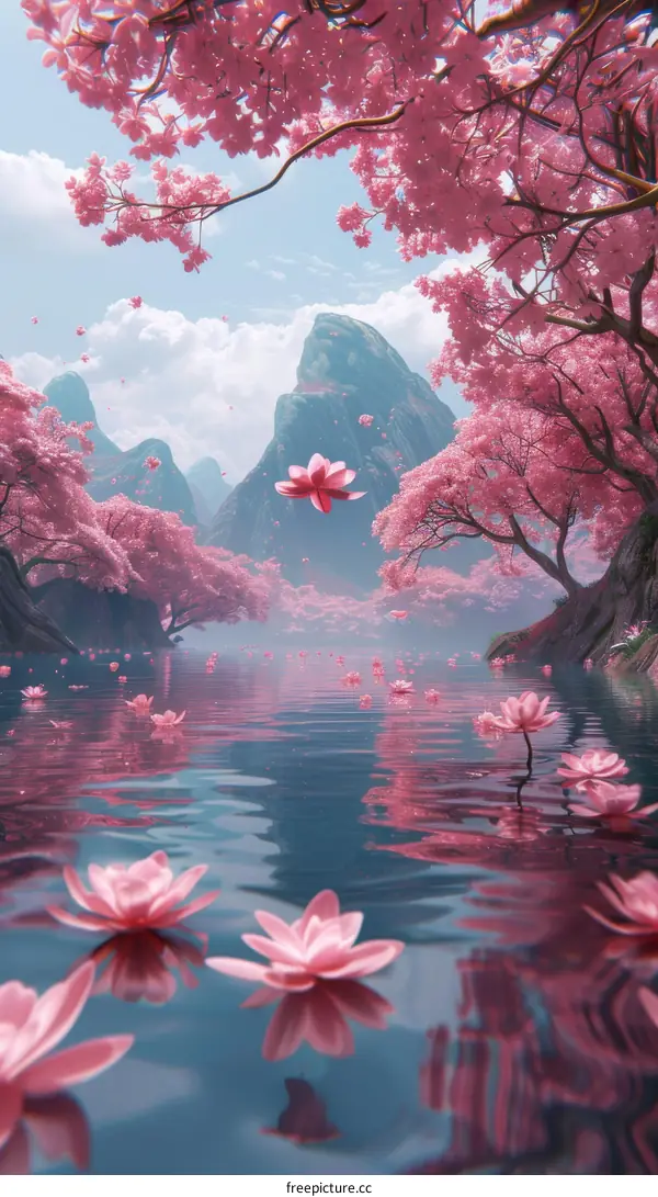 Pink Flowers and Majestic Mountains with River Flowing