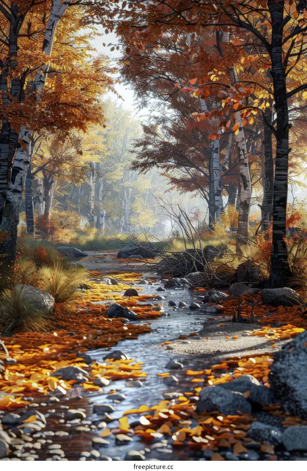 Small Tranquil River Flowing Through Colorful Autumn Forest
