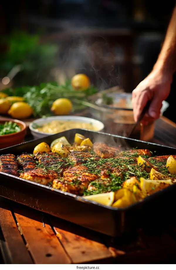 Grilled fish with lemon and herbs