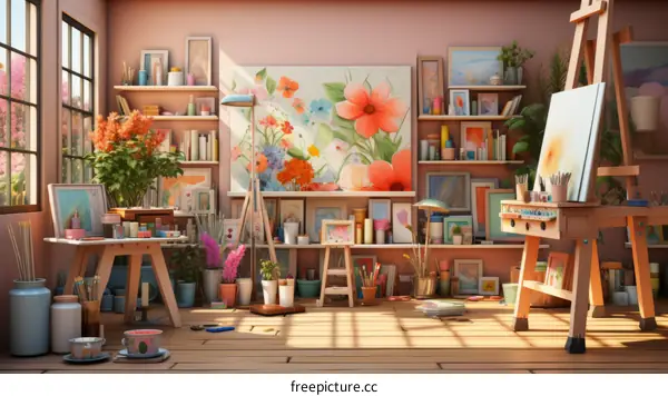 Vibrant Art Studio with Paintings, Flowers, and Supplies