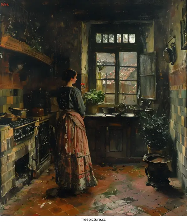 A woman standing in a kitchen looking out the window